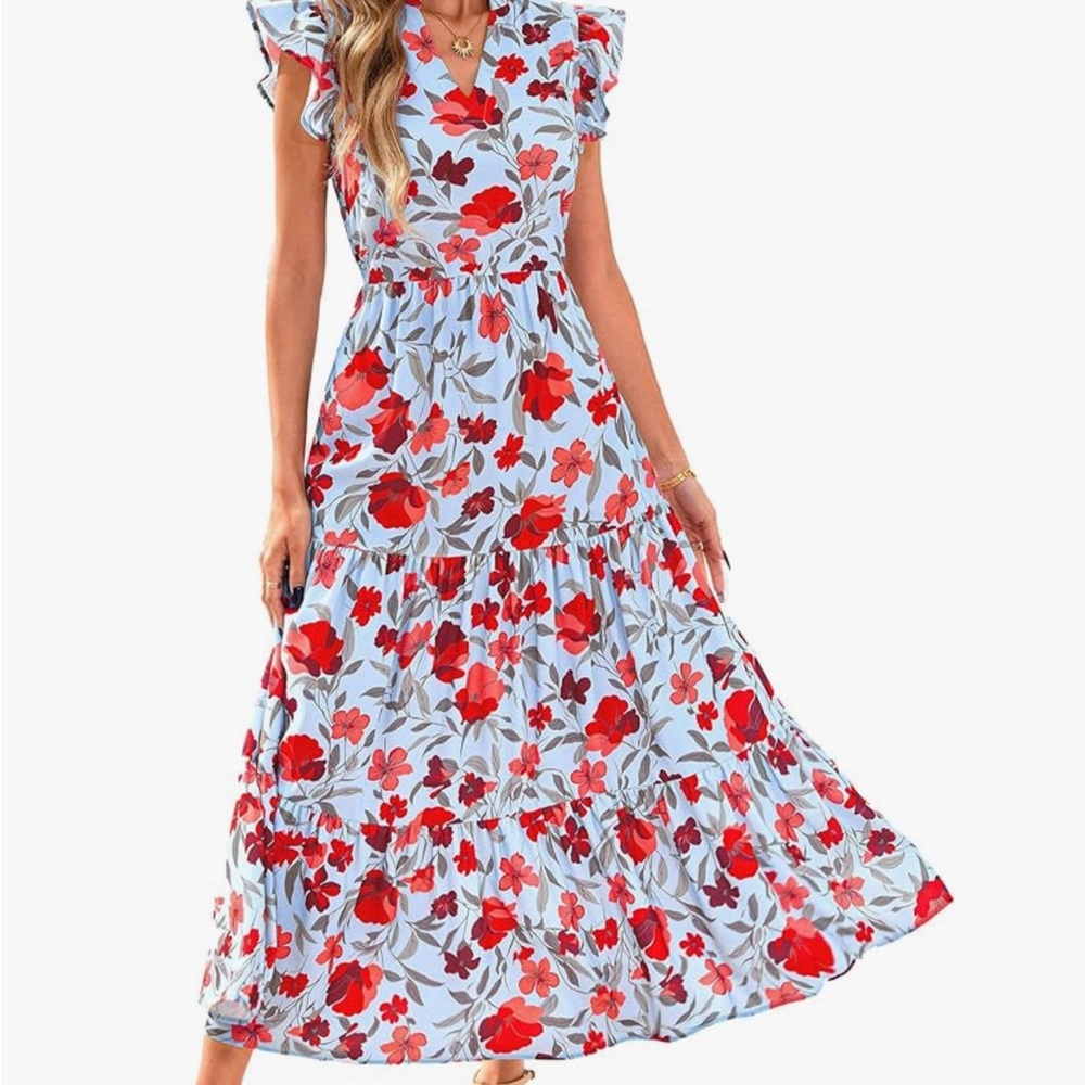 Floral Red and blue Maxi Dress.